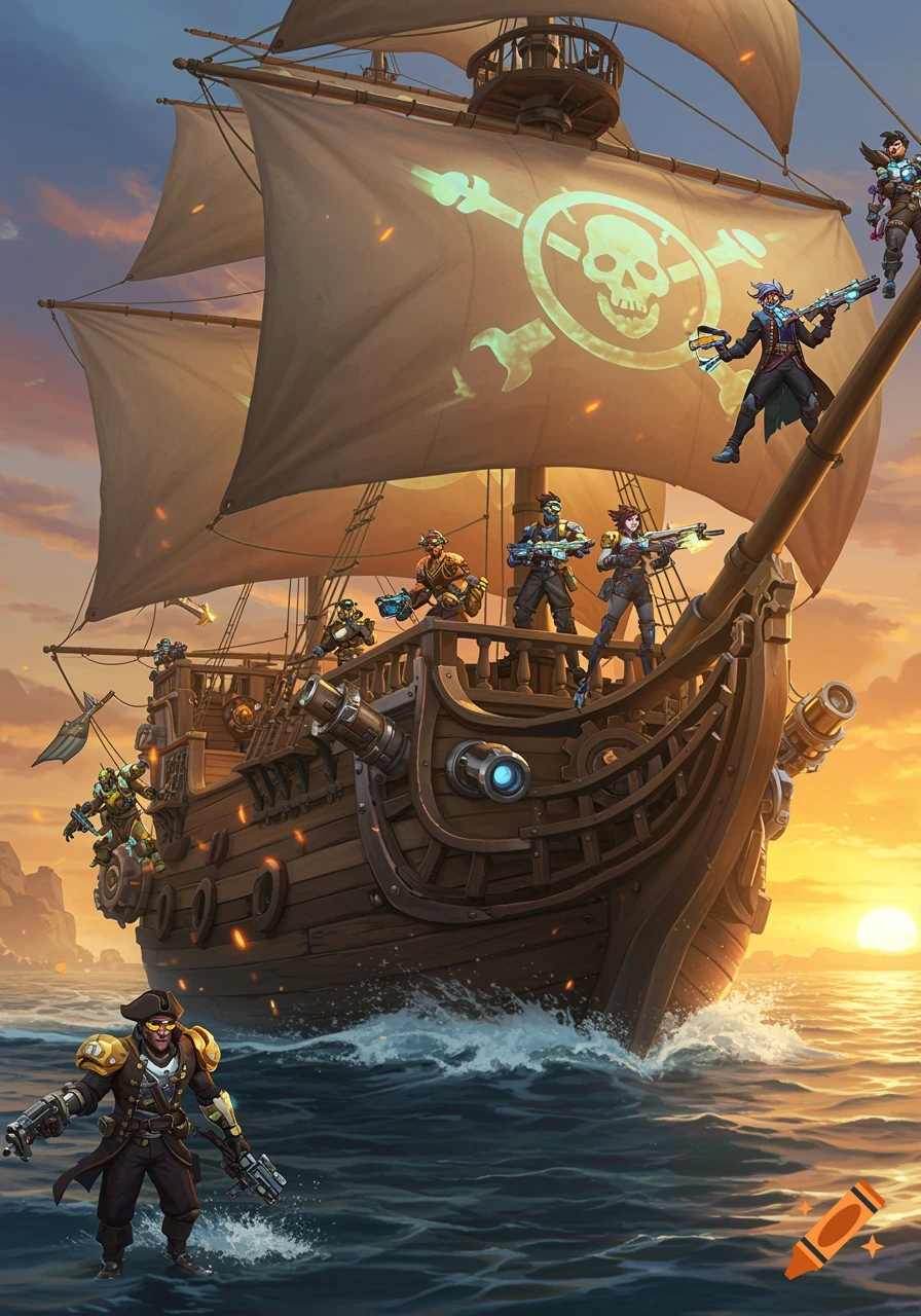 A pirate galleon with multiple stylized, futuristic characters on deck and in the water, sailing at sunset.