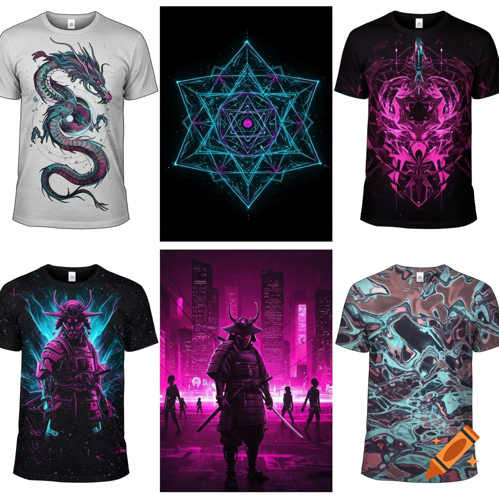 A grid of six vibrant graphic designs, including a teal and pink dragon, abstract geometric patterns, and samurai in cyberpunk settings, displayed on t-shirts.
