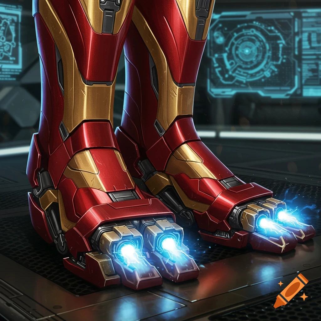 Close-up of Iron Man's red and gold armored boots with glowing blue energy blasts from toe cannons, set in a futuristic lab.