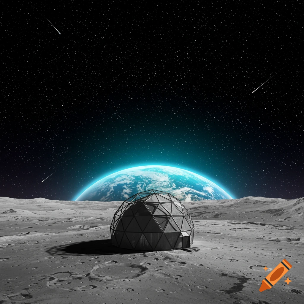 A geodesic dome on the moon's surface, with a large blue Earth looming above the horizon against a starry sky.
