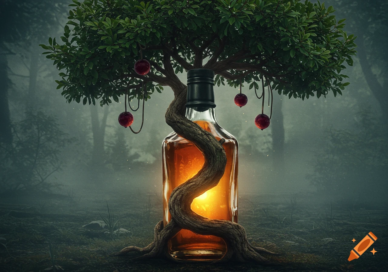 A photorealistic image of a tree with a whiskey bottle as its glowing trunk, standing in a misty forest with red fruits hanging from branches.