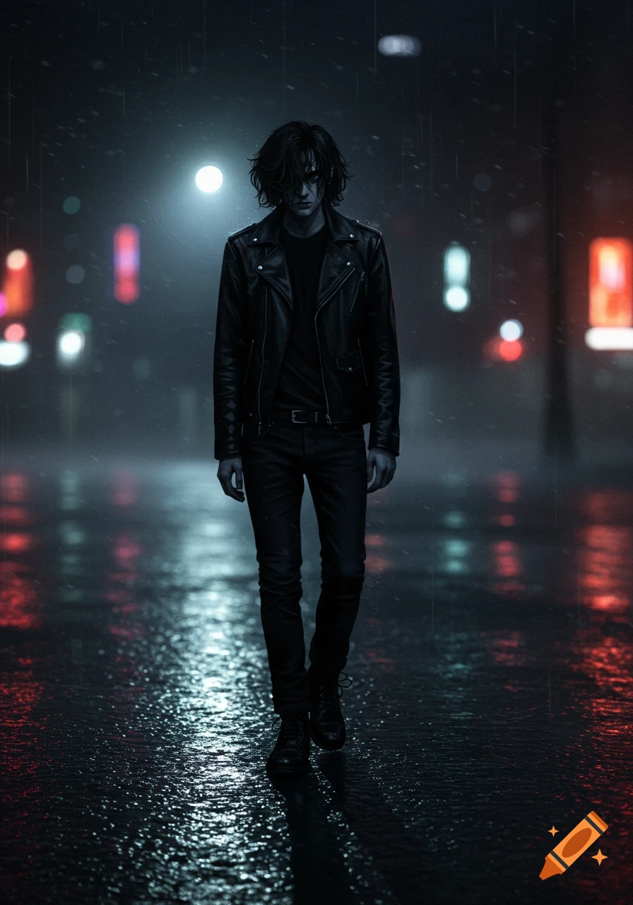 A dark-haired person in black walks on a rainy, reflective street at night, with blurred city lights in the background.