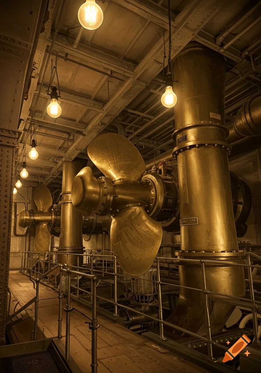 A low-angle, sepia-toned photorealistic view of a large ship's propeller room with massive brass propellers, pipes, and walkways, illuminated by hanging Edison bulbs.