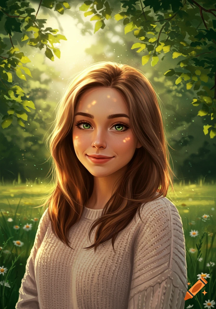 A stylized portrait of a smiling young woman with long brown hair and green eyes in a sunlit forest.