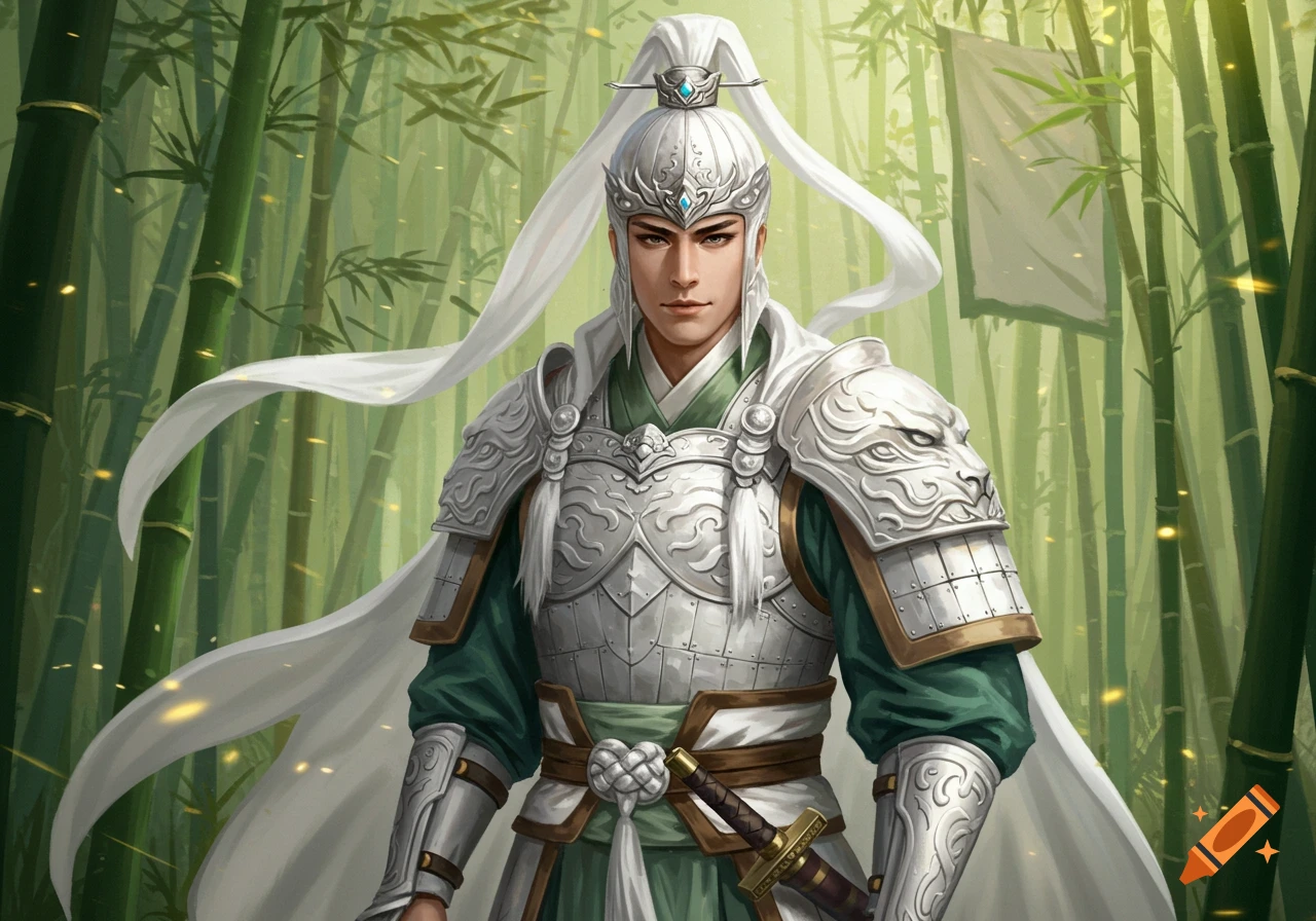 A male Chinese warrior in white and green armor stands in a bamboo forest.