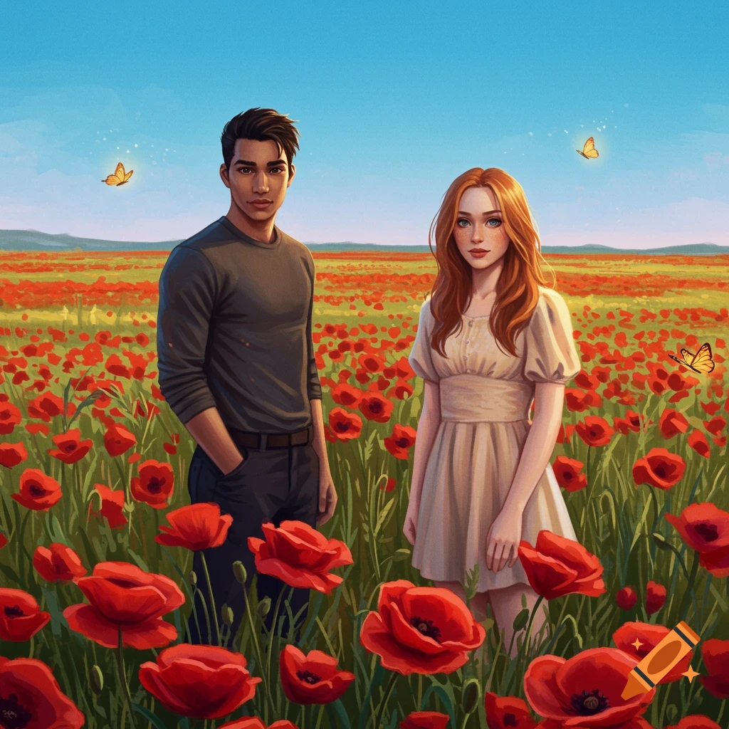 Illustrated scene of a man and woman standing in a vast red poppy field under a clear blue sky with butterflies.
