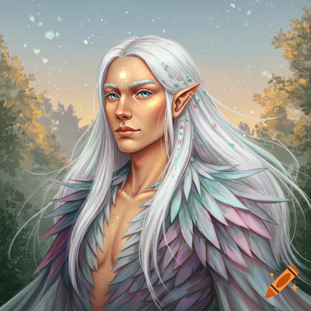 Portrait of an androgynous elf with long white hair, blue eyes, iridescent skin, and a feathered garment in a mystical forest.