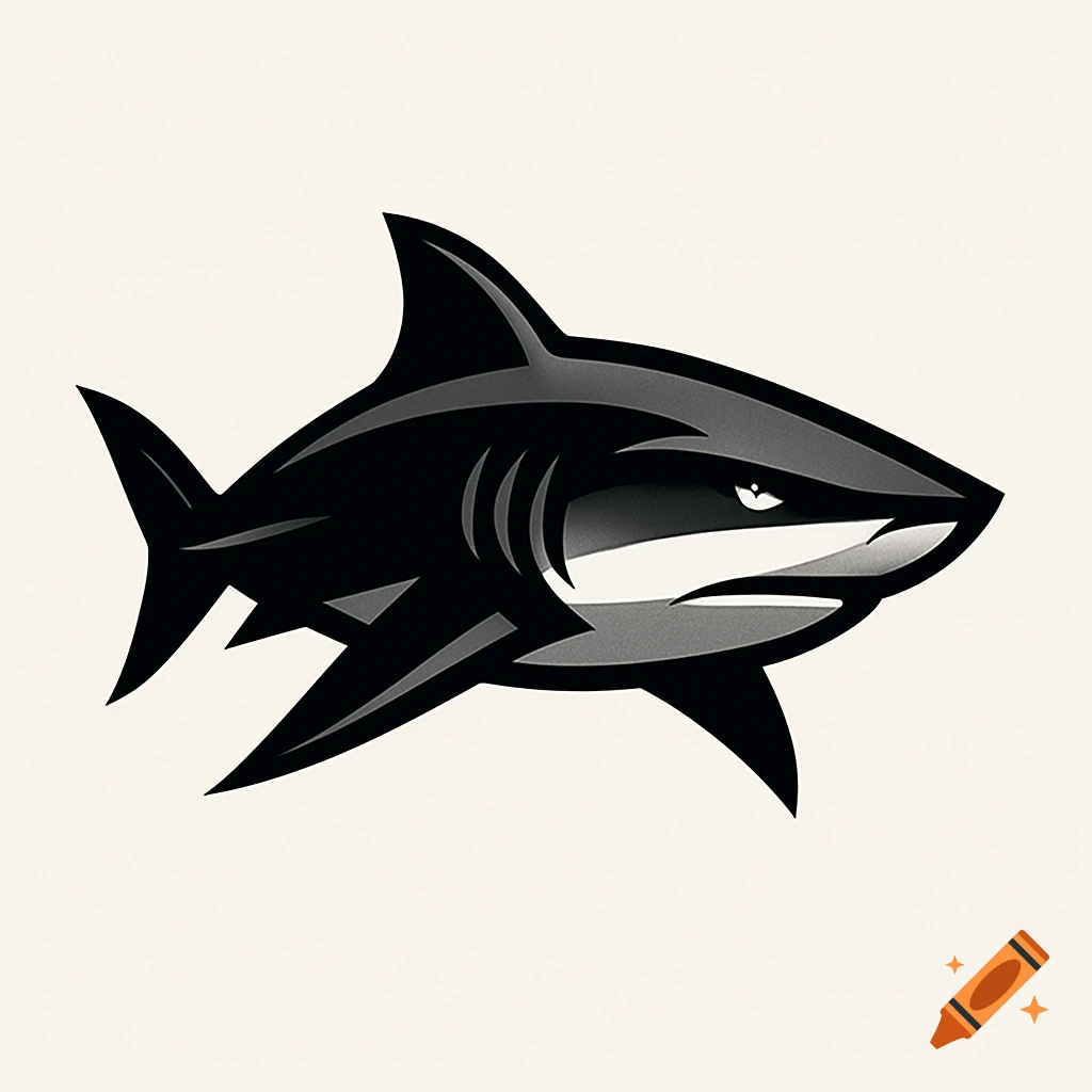 A stylized black, white, and gray logo of a bull shark.