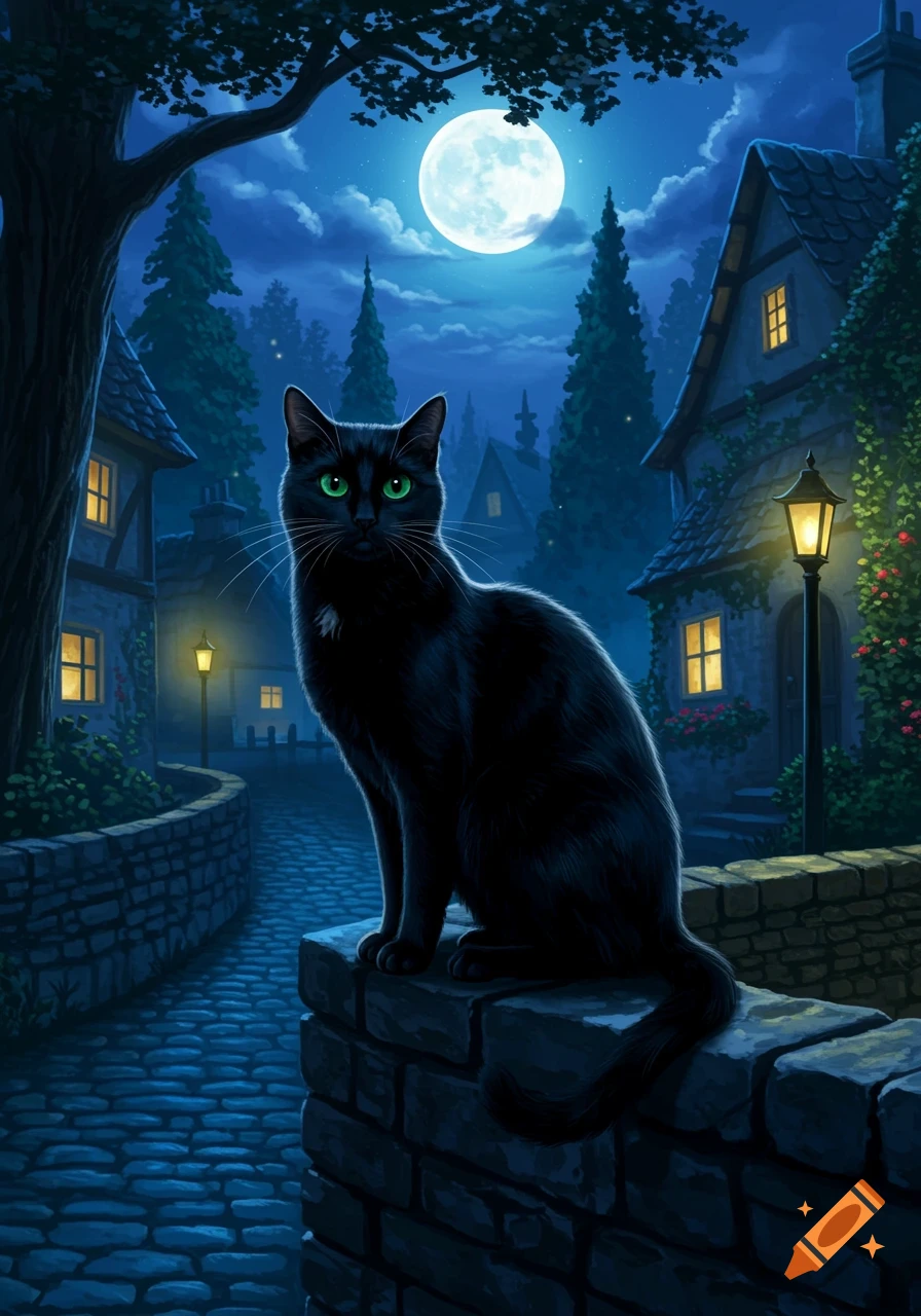 A black cat with green eyes sits on a stone wall in a moonlit village street, surrounded by quaint houses and trees.