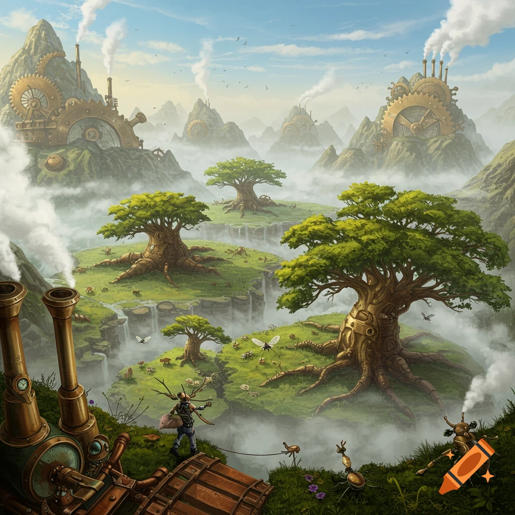 A vibrant steampunk fantasy landscape with mountains topped by huge gears and chimneys, misty valleys, mechanical trees, and insect-like creatures.