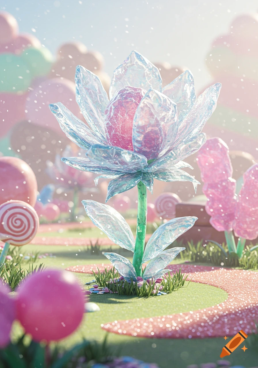 A whimsical, photorealistic garden with a large crystal-like flower with pink petals, surrounded by colorful lollipops and candies under falling snow.