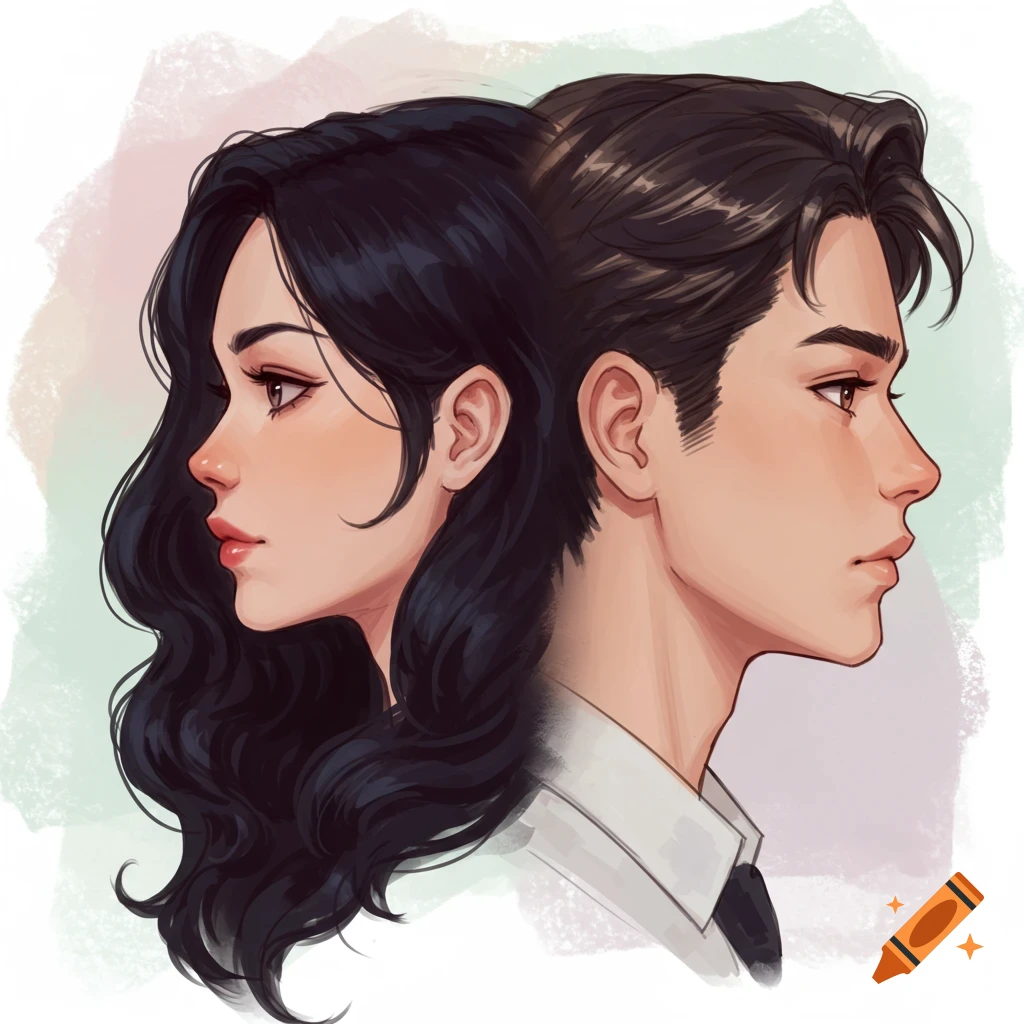 Anime-style illustration of a man and a woman in profile, facing away from each other, with a soft pastel background.