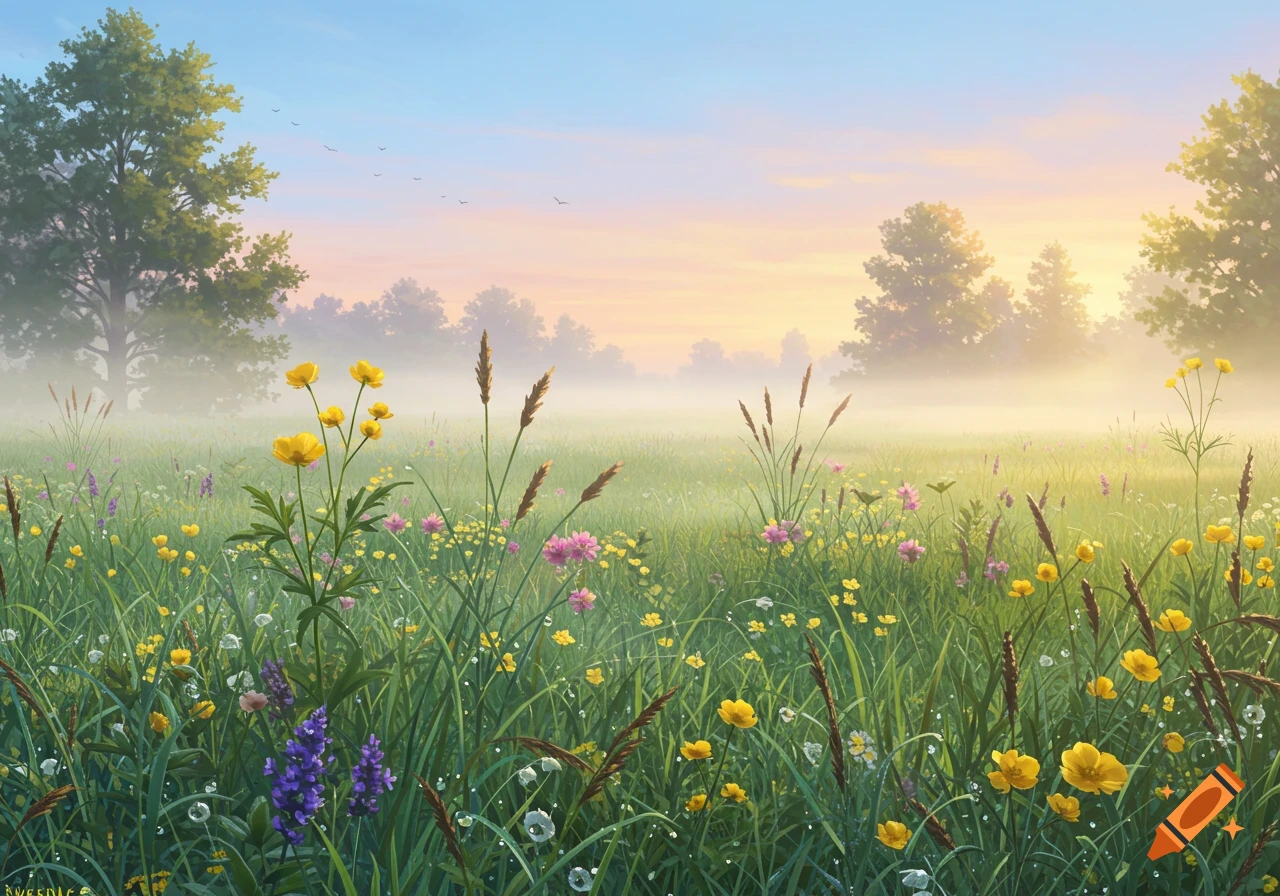 A vibrant meadow with various wildflowers and tall grass, covered in morning dew, under a soft, misty sunrise sky.