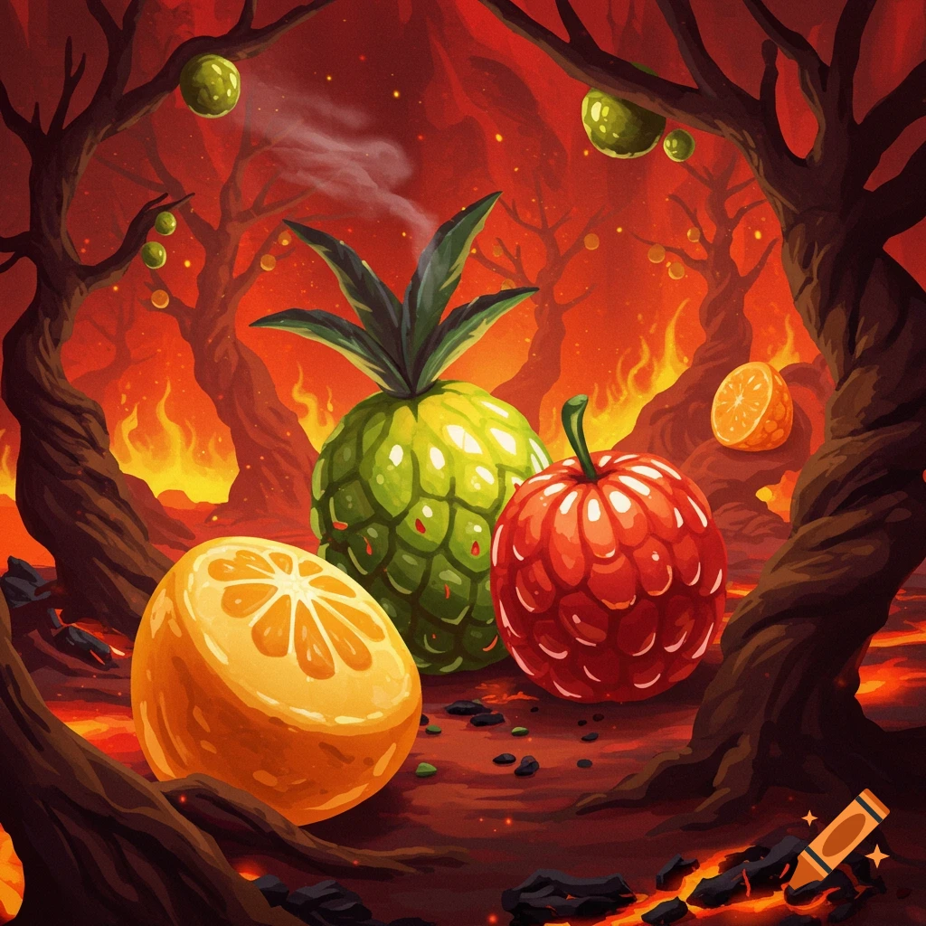 Stylized illustration of a pineapple, orange, and red fruit in a volcanic, fiery landscape with twisted trees.