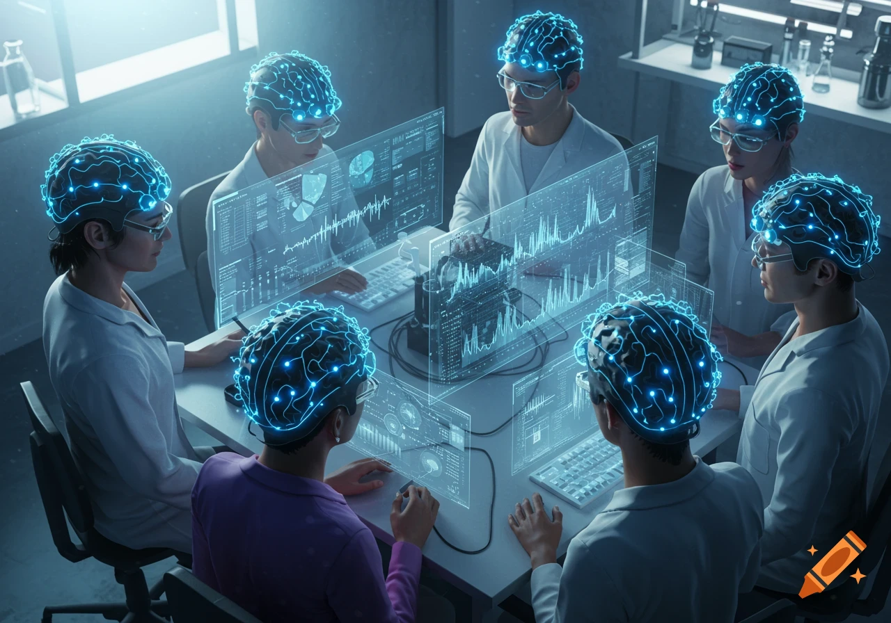 Scientists in lab coats wearing glowing brain-monitoring caps, surrounded by holographic screens displaying complex data in a dimly lit lab.