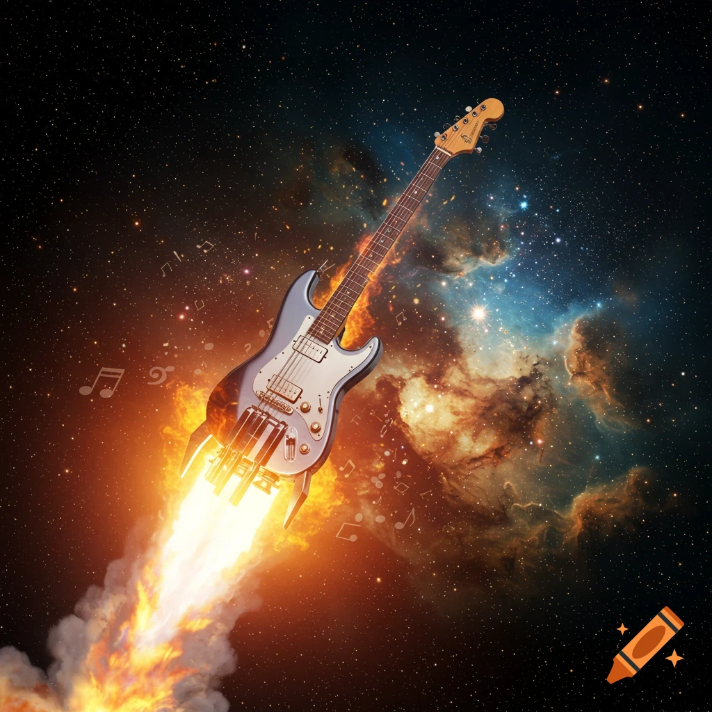 A silver electric guitar with a flame plume blasting off like a rocket into a starry, colorful nebula-filled space, surrounded by floating musical notes.