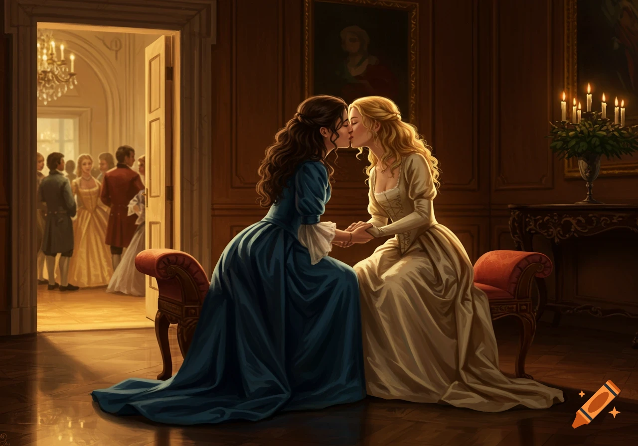 Two elegantly dressed women, one dark-haired, one blonde, kiss passionately on a bench in an 18th-century hallway outside a ball.