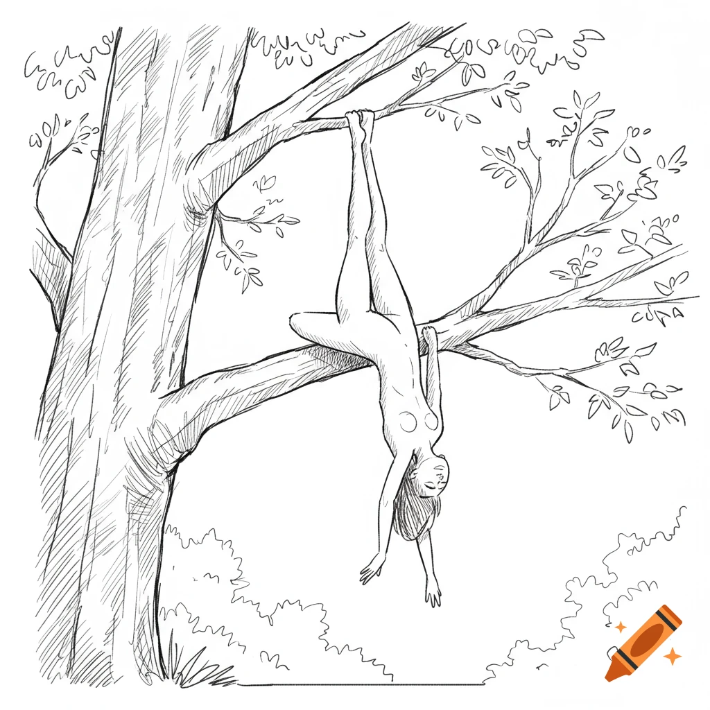 Line art drawing of a generalized female figure hanging upside down from a tree branch, legs hooked, arms dangling.