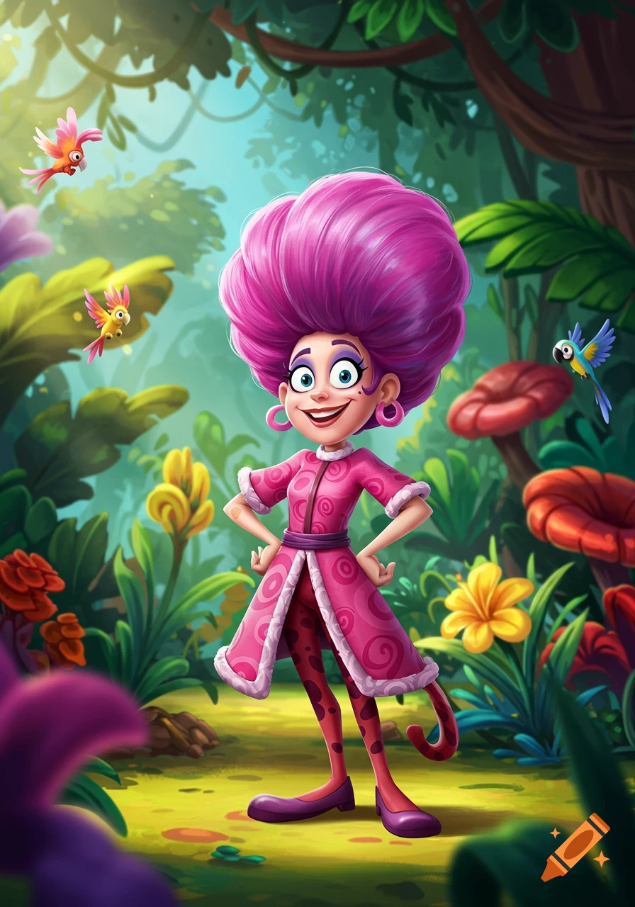 A cartoon character with large pink hair and a pink coat stands smiling in a vibrant, colorful jungle setting with exotic plants and birds.