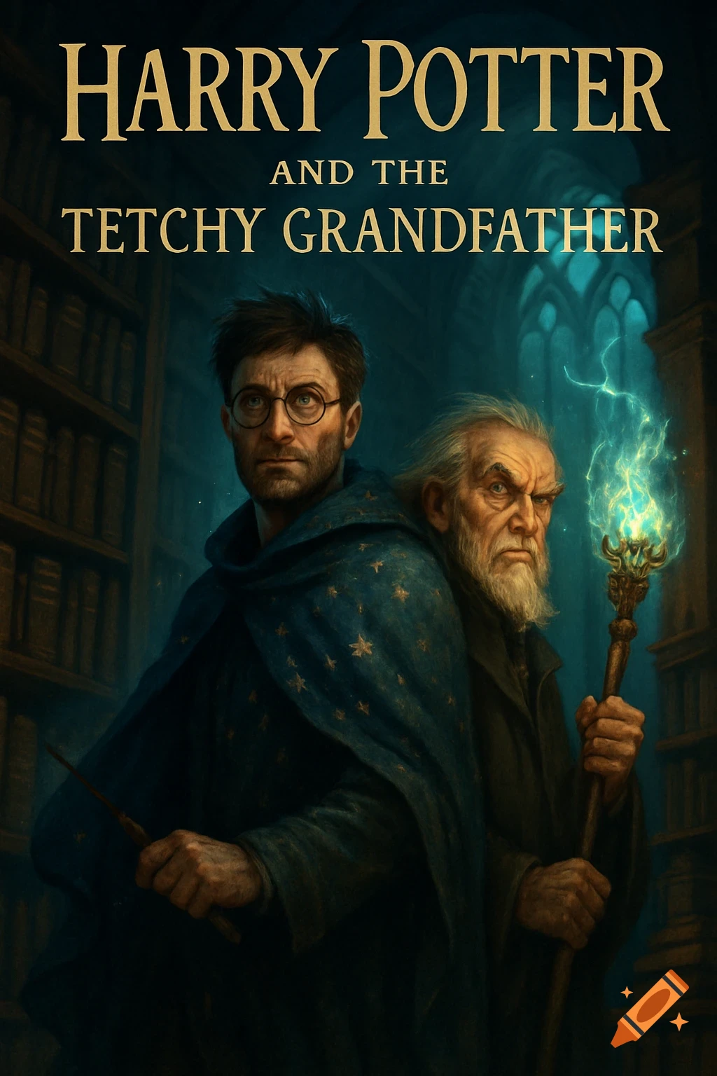 A book cover depicting Harry Potter and an old wizard standing in a dark, magical library with glowing staff and wand.