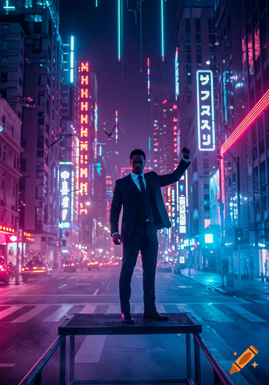 A man in a suit stands on a metal platform, raising his fist in a vibrant neon-lit cyberpunk city at night.