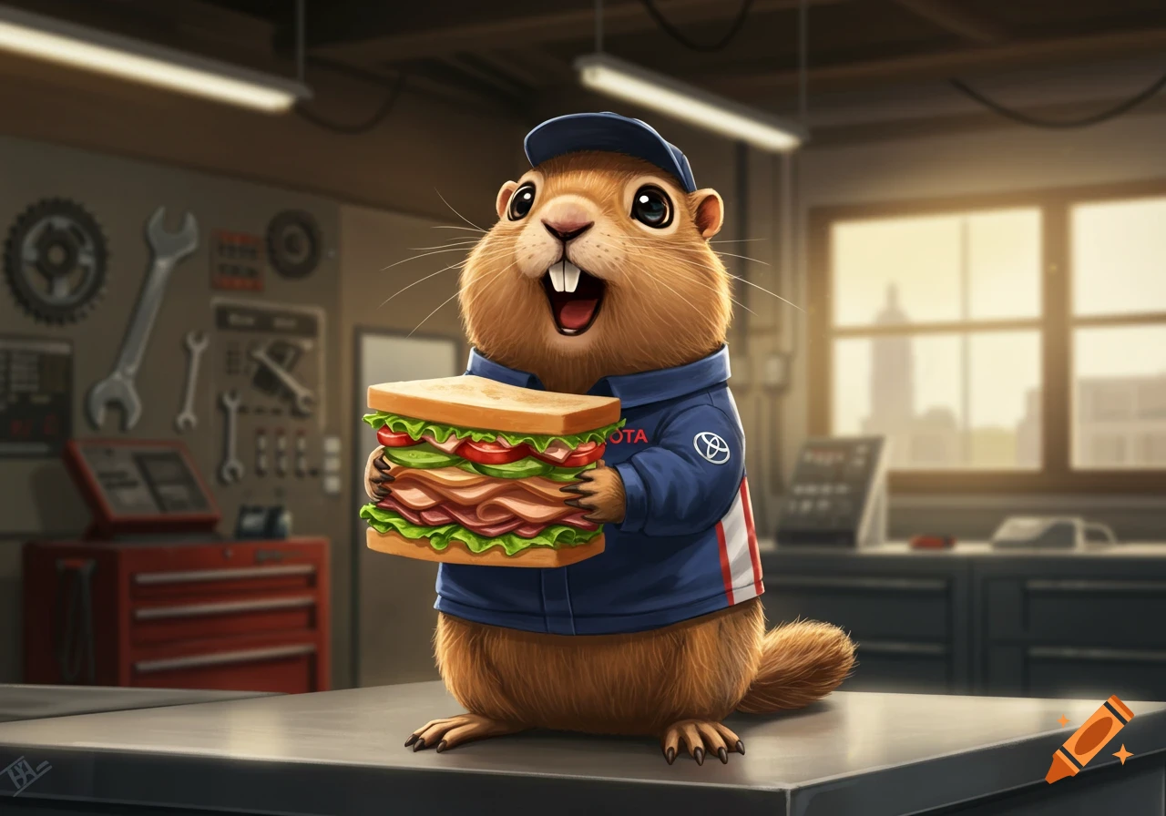 A cute cartoon gopher wearing a blue Toyota technician uniform and cap, standing on a counter in a garage, happily holding a tall sandwich.
