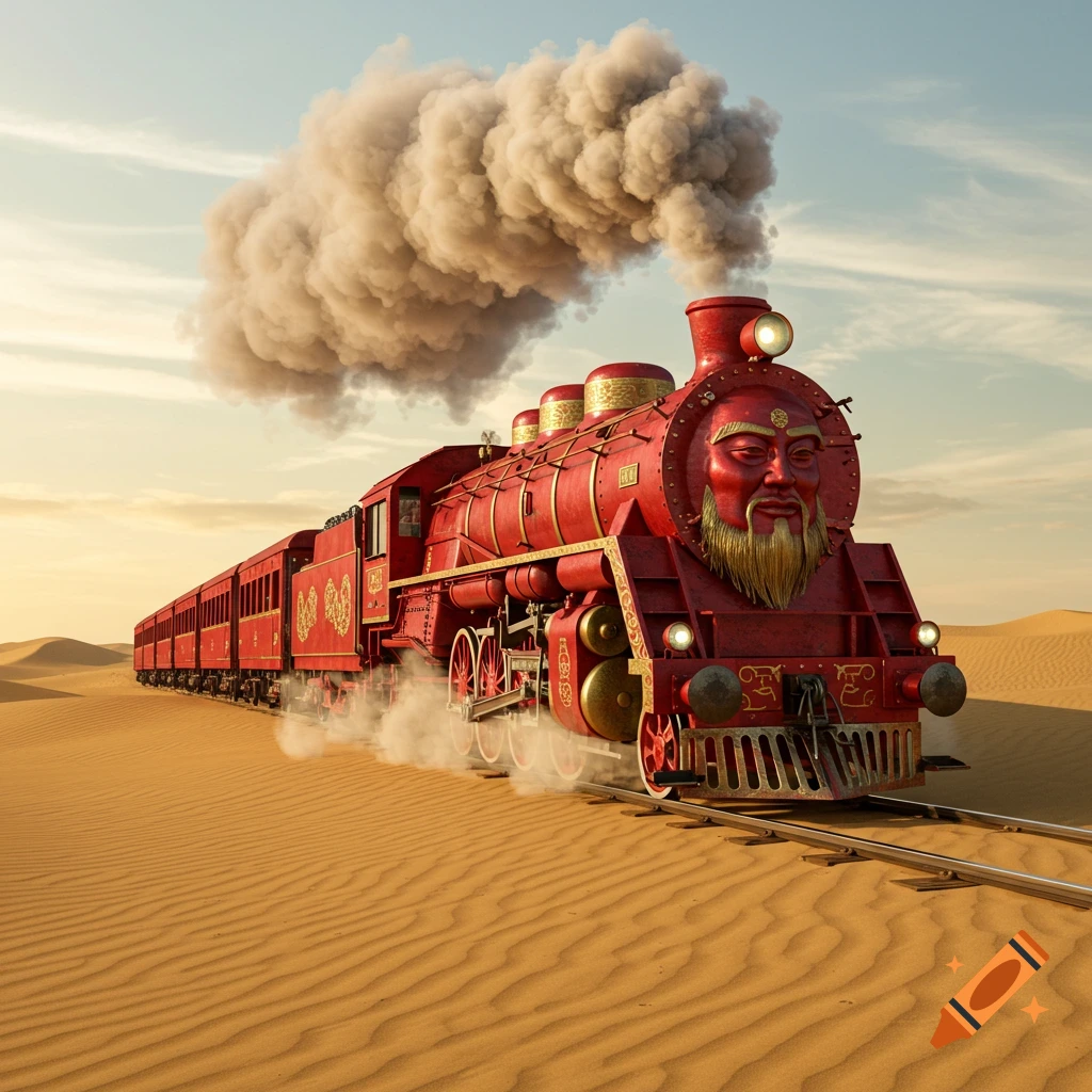 A vibrant red, ornate Chinese-style train with a detailed man's face on its front, travels across a golden desert under a clear sky, emitting a plume of smoke.