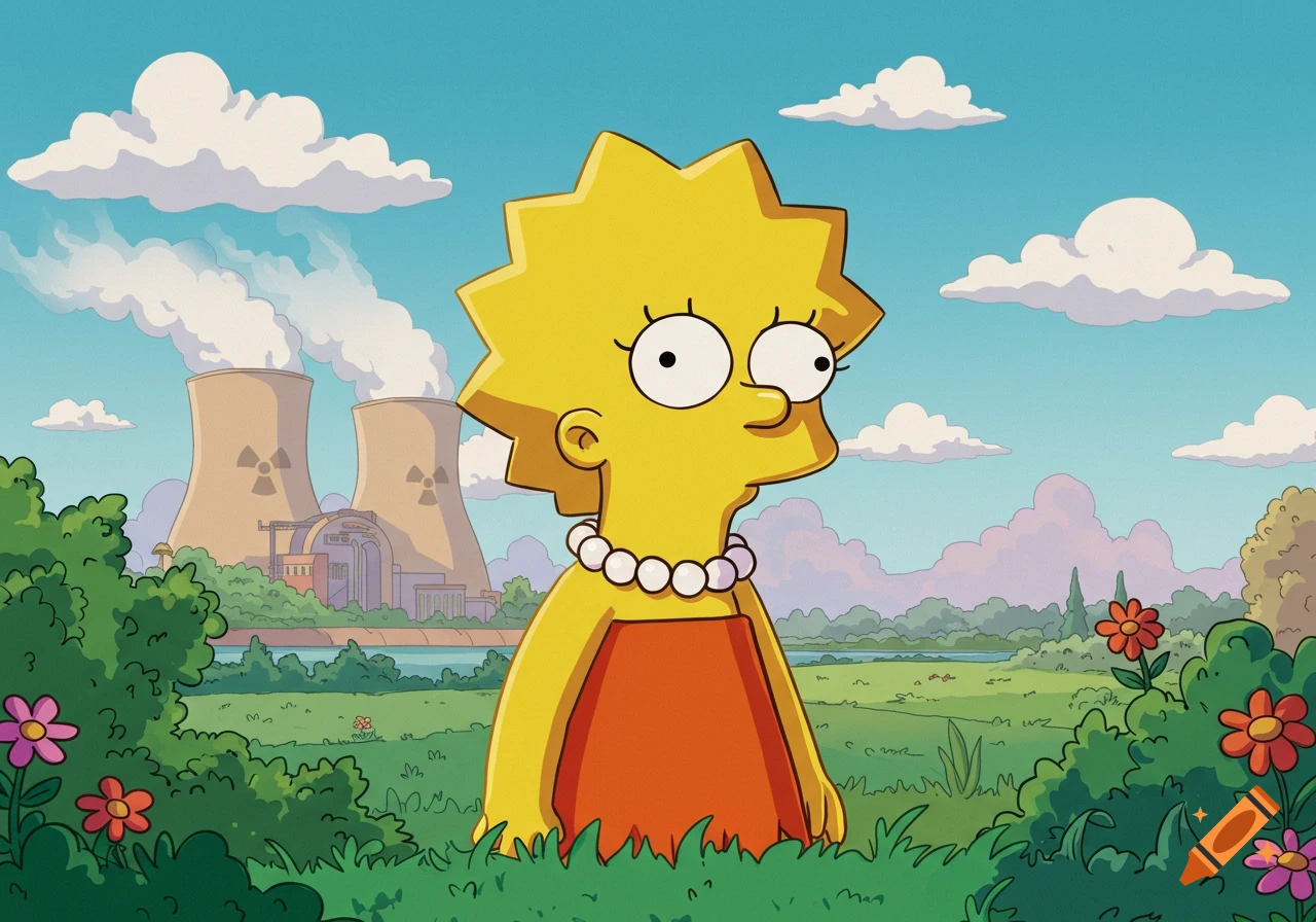 Lisa Simpson stands in a green field with flowers and bushes, looking towards a nuclear power plant under a blue sky with clouds in the style of The Simpsons animation.