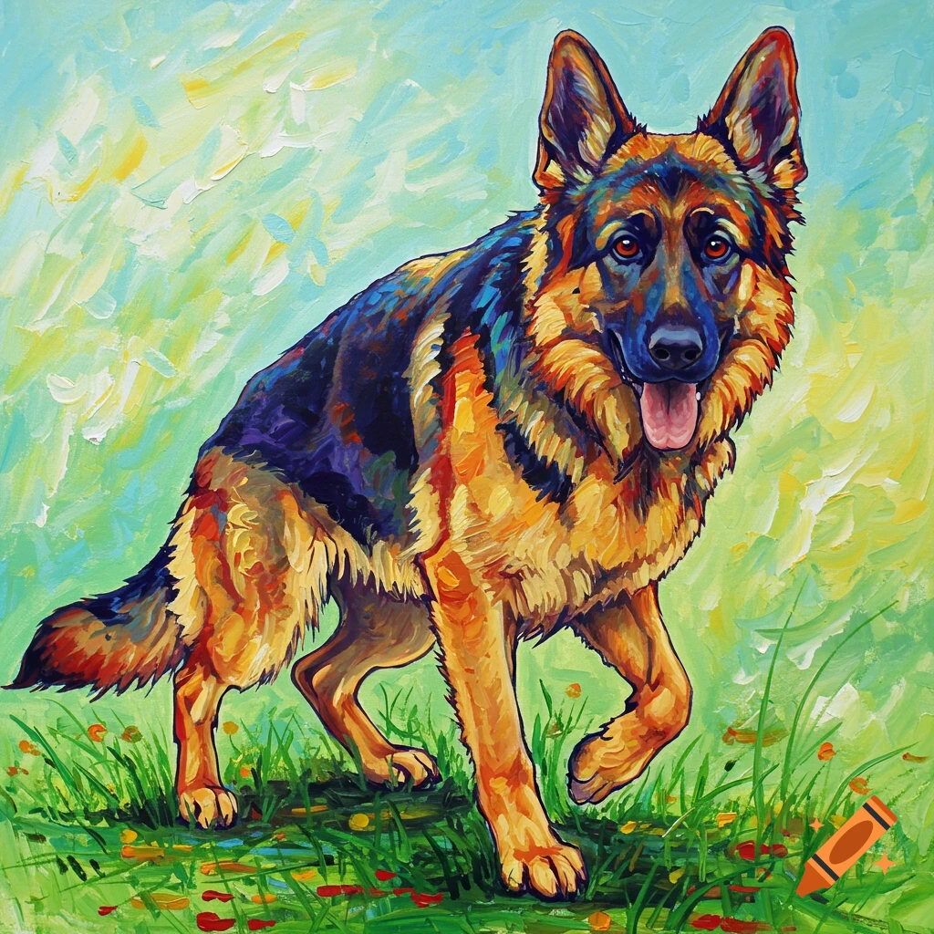 Vibrant, colorful impressionistic painting of a German Shepherd standing in a grassy field, looking forward with its tongue slightly out.