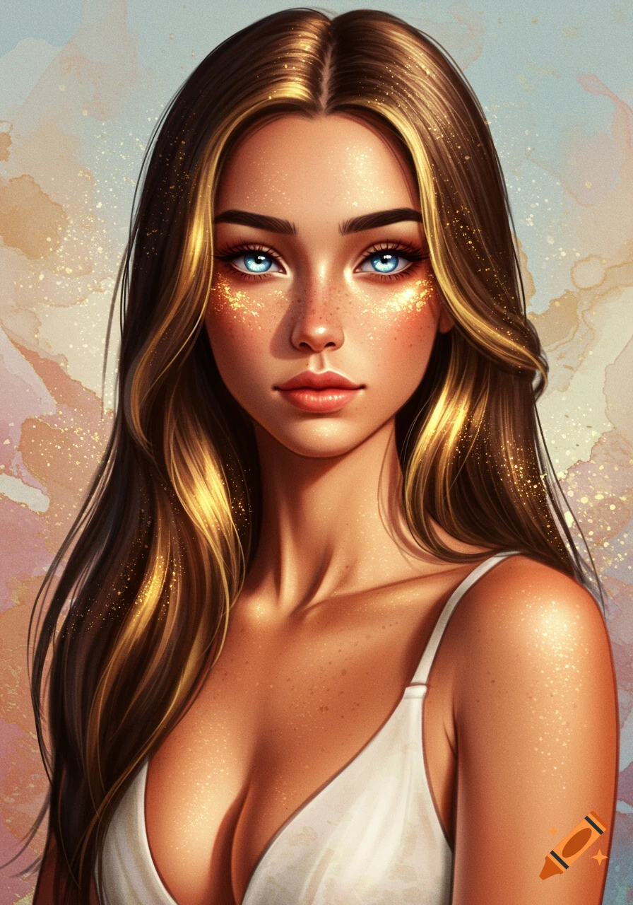 Stylized digital portrait of a young woman with long brown and blonde hair, sparkling blue eyes, glitter on her face, wearing a white top.