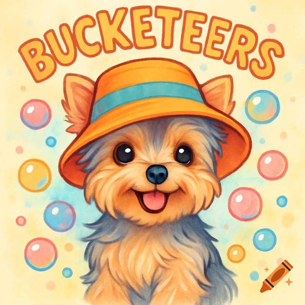 A cute cartoon Yorkie dog wearing an orange bucket hat, smiling, with bubbles around it. The text "BUCKETEERS" is above.