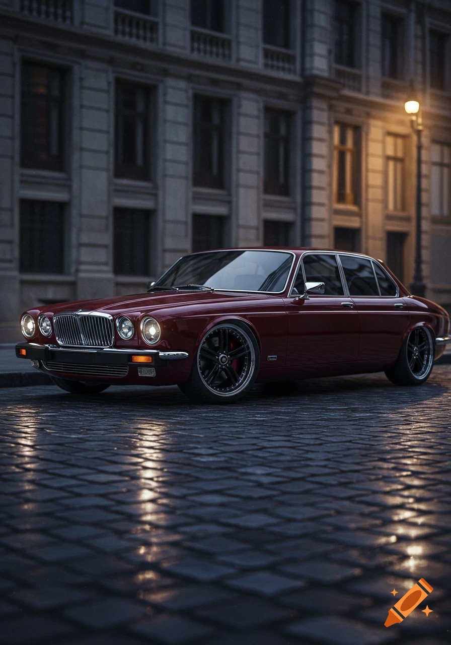 A photorealistic image of a burgundy 1978 Jaguar XJ6 Series 2 sedan, lowered with blacked-out chrome and deep-dish wheels, parked on a wet cobblestone street at dusk.