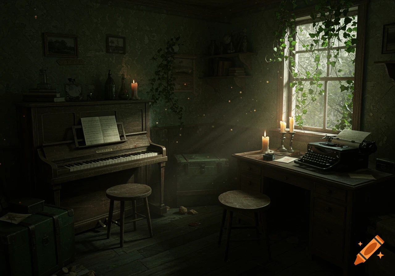 A dimly lit, melancholic room with an old piano, two stools, a desk with a vintage typewriter and flickering candles, and ivy growing through a window.