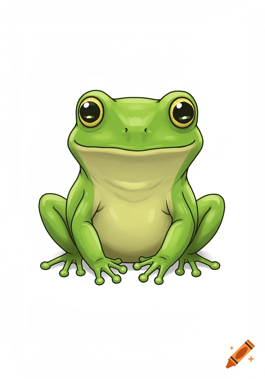A cute cartoon frog with large black eyes and light green skin on a white background.