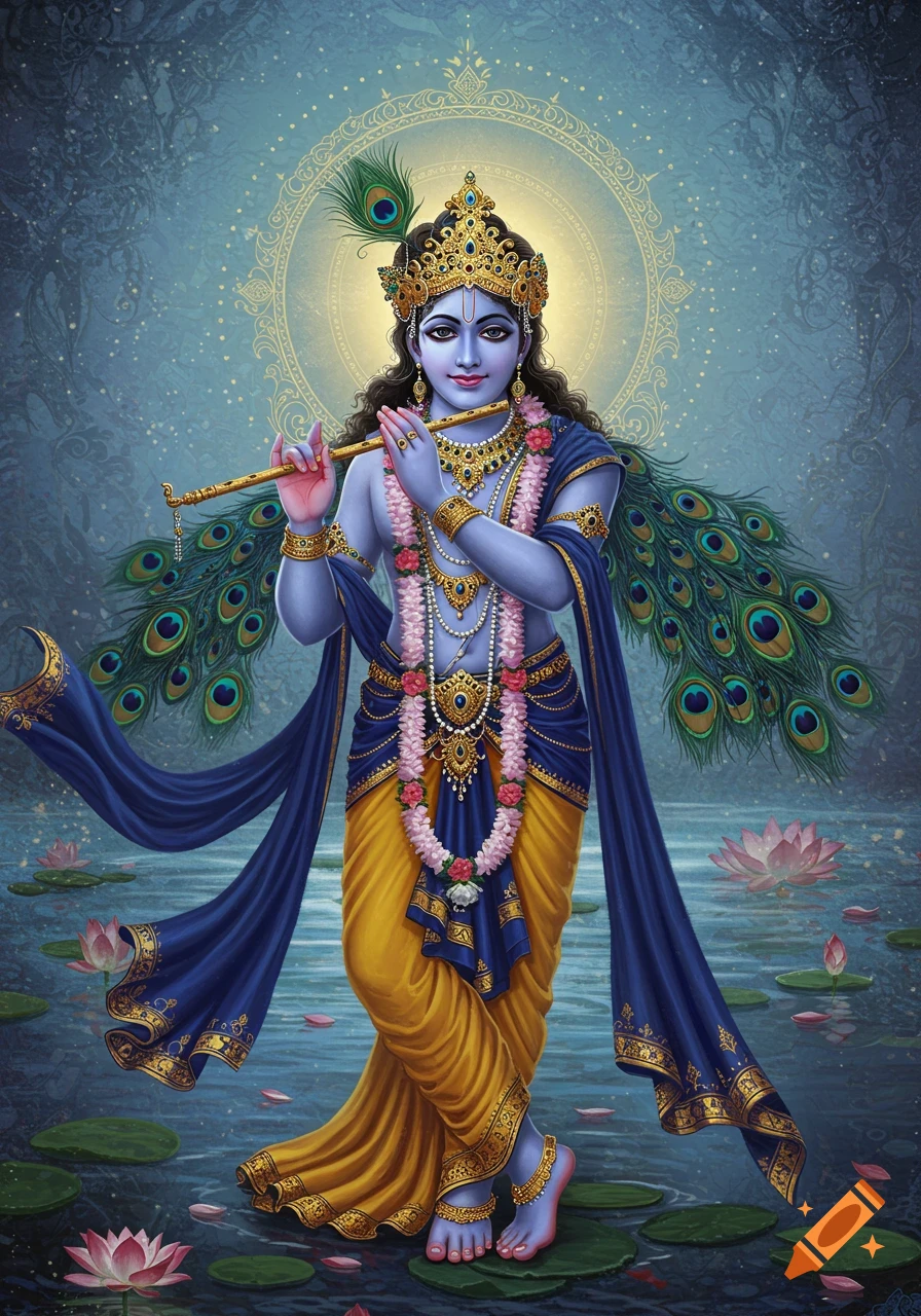 Lord Krishna with blue skin playing a golden flute, adorned with jewels and peacock feathers, standing in a serene pond with lotus flowers.