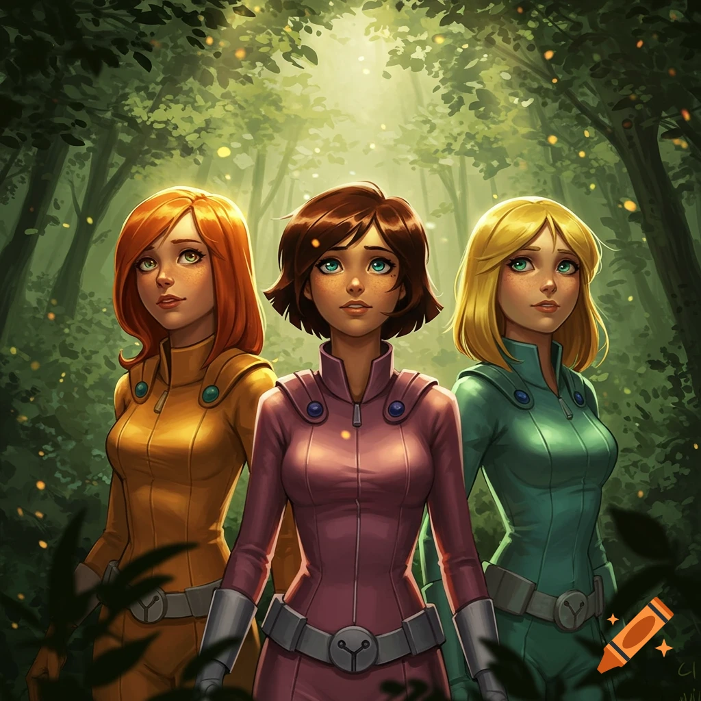 Three animated female characters in colorful suits stand in a sunlit forest.