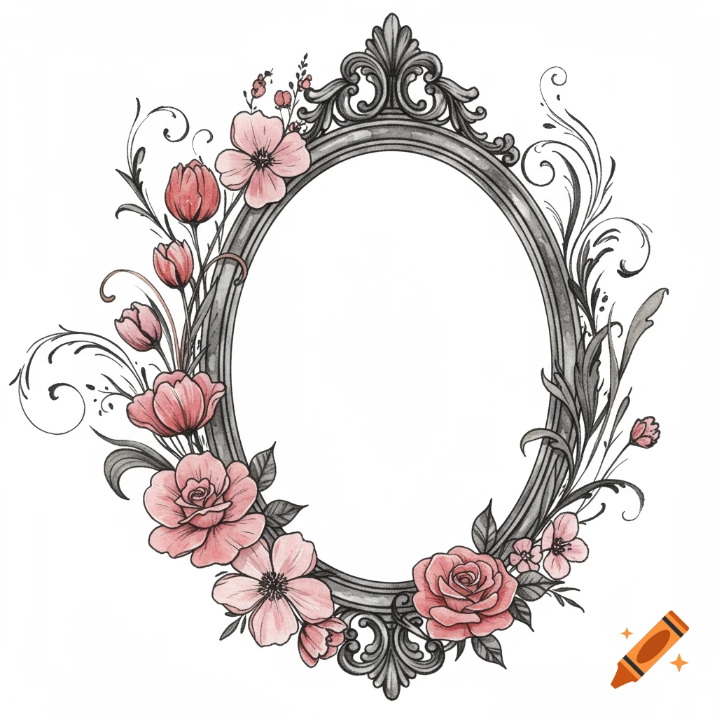 Watercolor illustration of an ornate gothic oval frame with pink roses, tulips, and delicate leaves arranged around it.