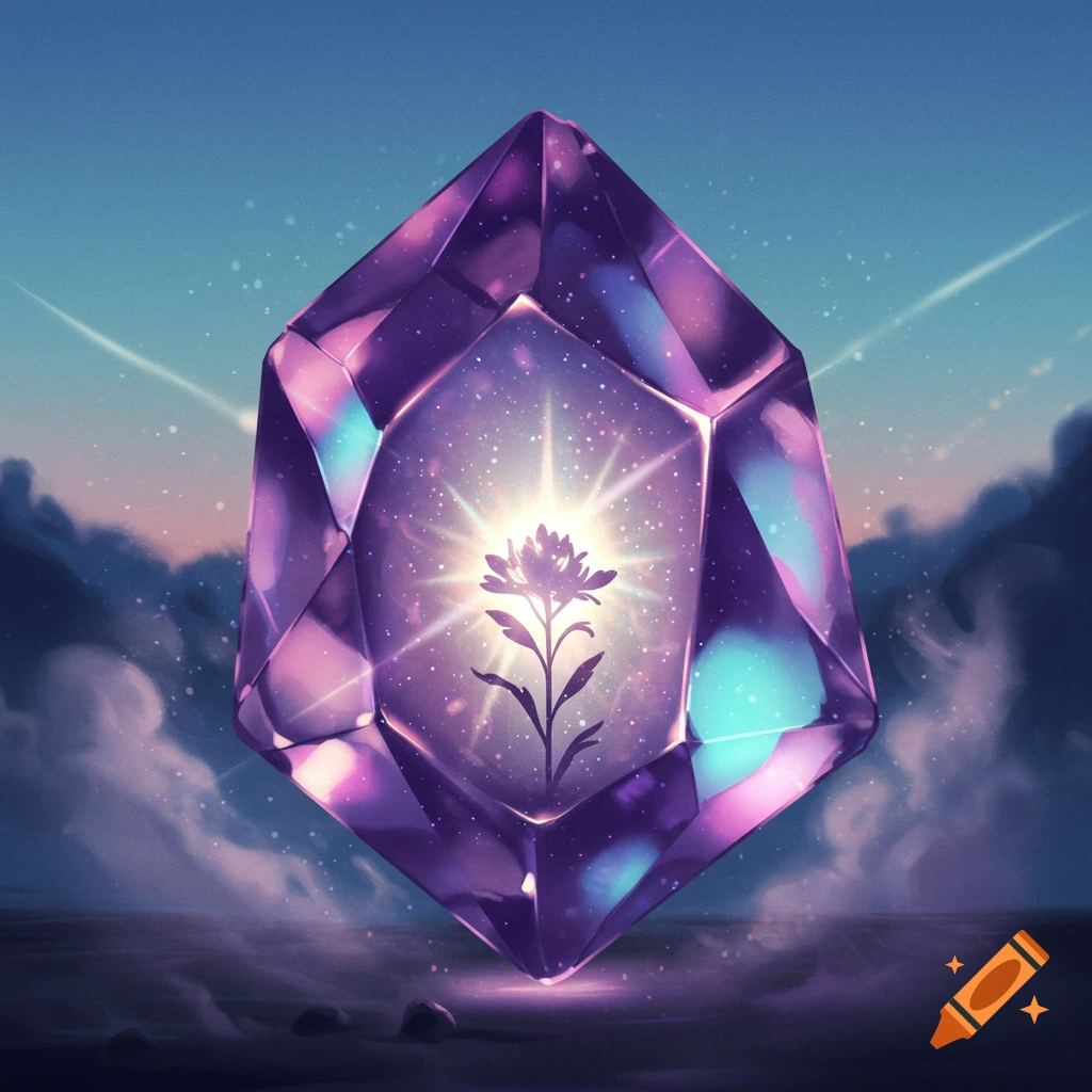 A large, glowing purple crystal containing a flower silhouette and stars, set against a blue and purple ethereal sky with clouds.