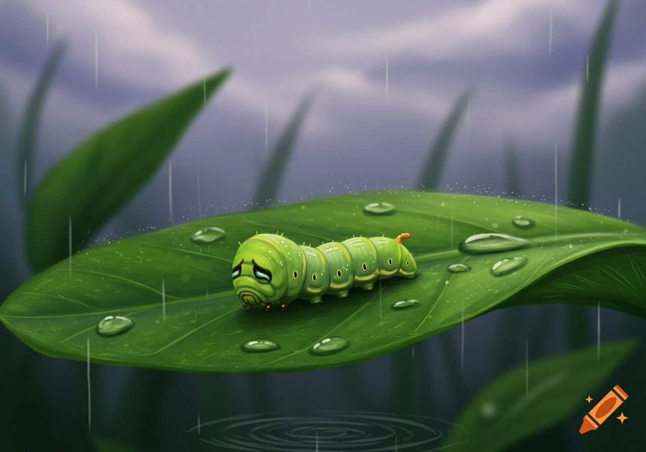A cute, sad green caterpillar sits on a large wet leaf in the rain under a gloomy sky.