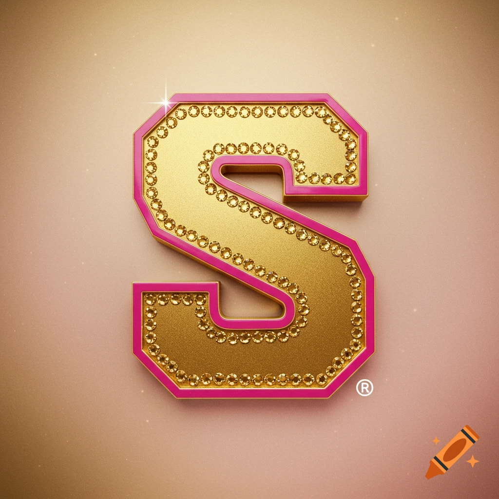 A gold letter S with a pink outline, adorned with rows of sparkling rhinestones, on a gradient background.