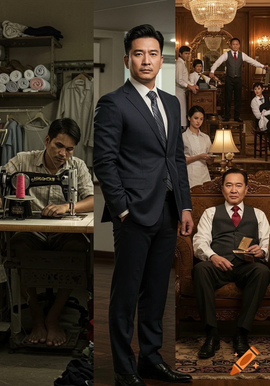 A three-panel image depicts a man working on a sewing machine, a businessman in a suit, and a wealthy man seated with attendants in a luxurious room.