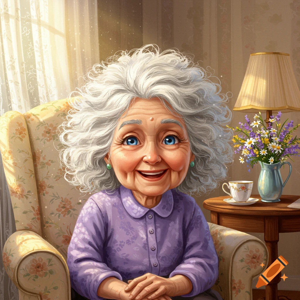 A smiling elderly woman with fluffy white hair and blue eyes sits in an armchair by a window.
