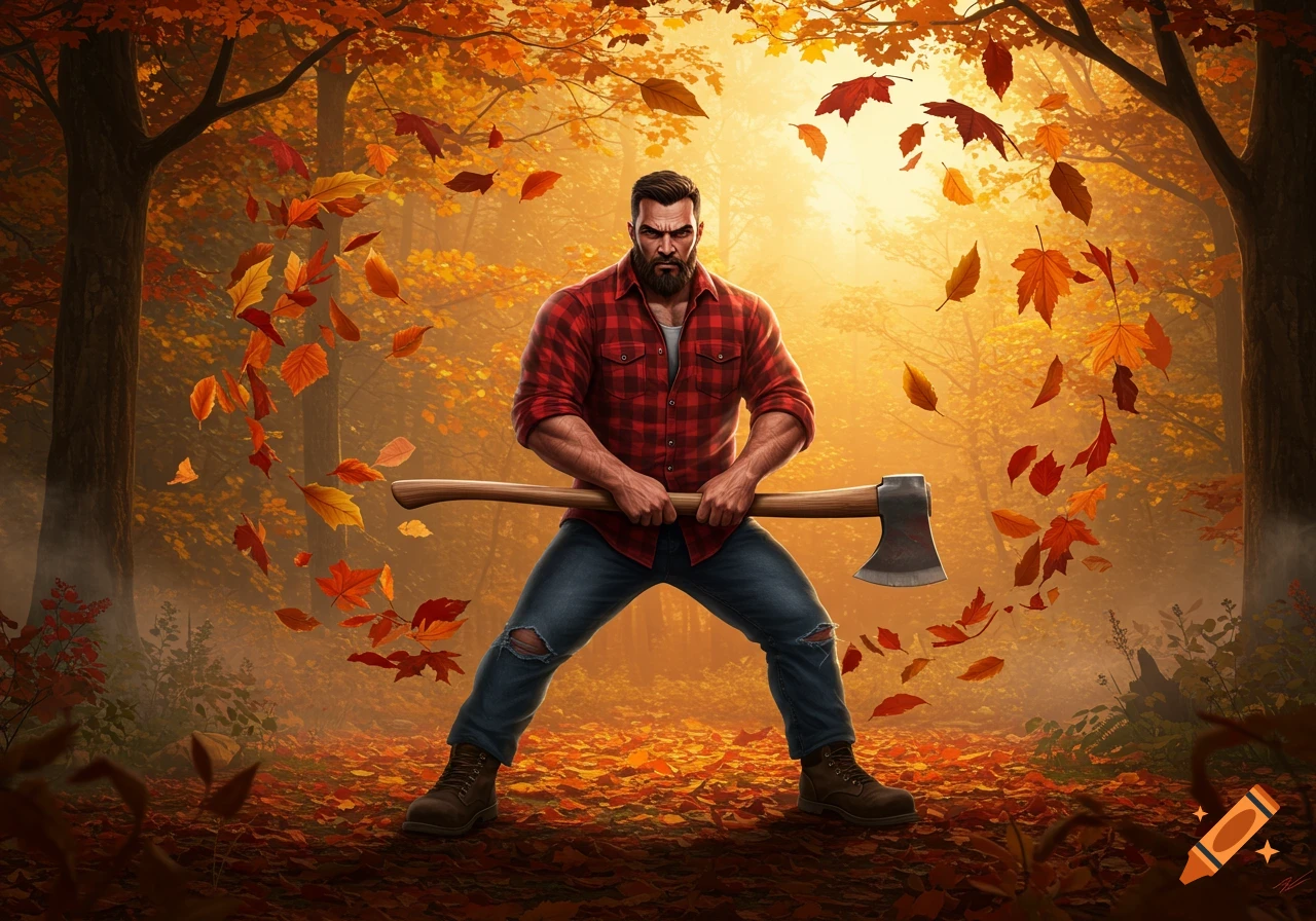 A muscular lumberjack in a red plaid shirt holds an axe in a dynamic pose amidst an autumn forest with falling orange leaves and warm light.