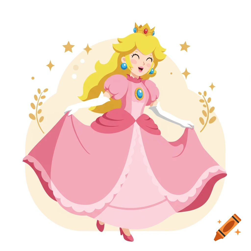A cute cartoon illustration of Princess Peach in a pink dress twirling and giggling.