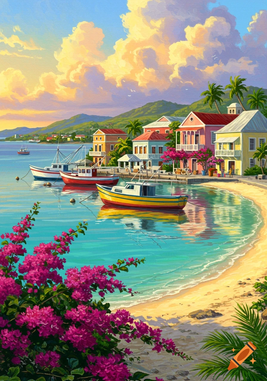 Vibrant painting of a Caribbean coastal town with colorful houses, boats in blue water, a sandy beach, and pink flowers.