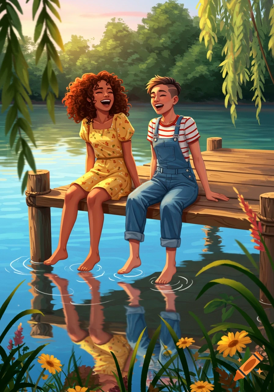 Two laughing friends sit on a wooden dock with their bare feet in a sunny lake, surrounded by vibrant greenery in a stylized digital illustration.