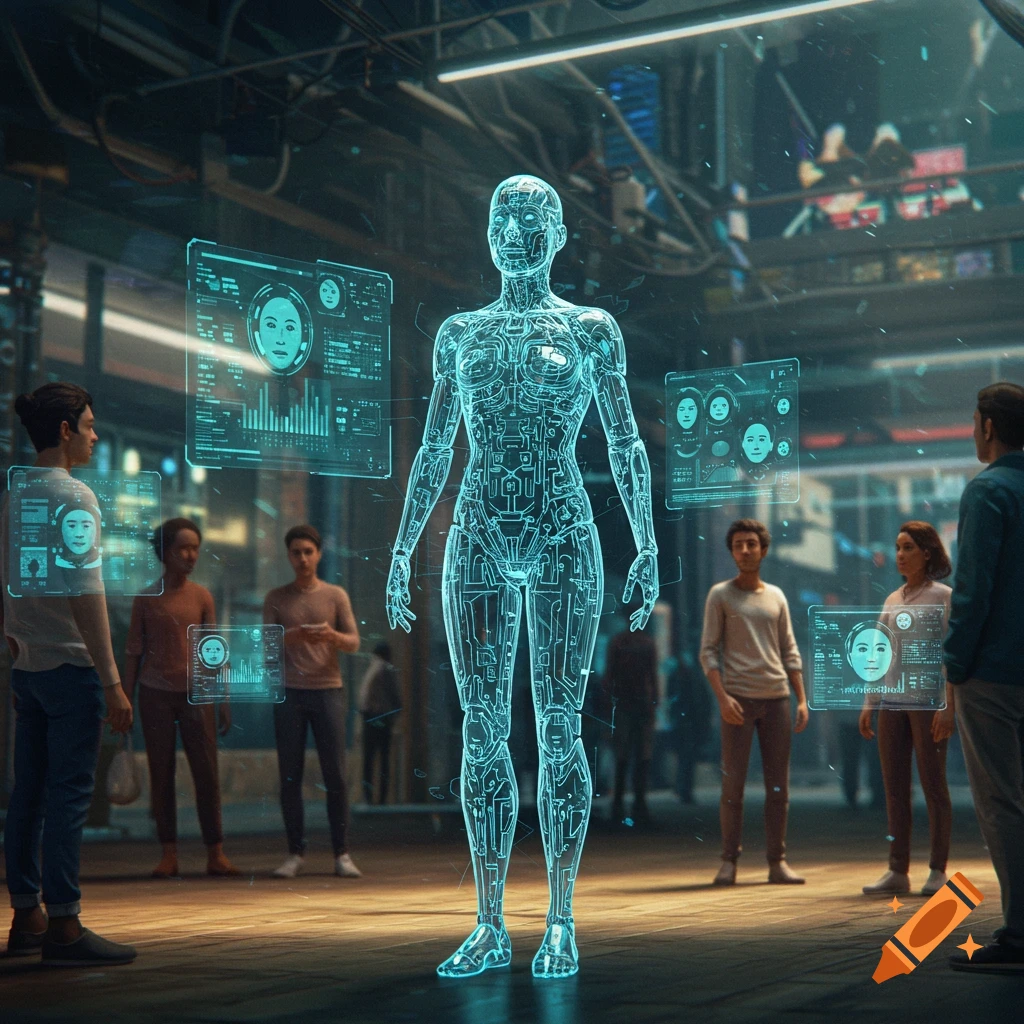 A holographic blue human figure stands in a futuristic setting surrounded by people observing glowing data screens.