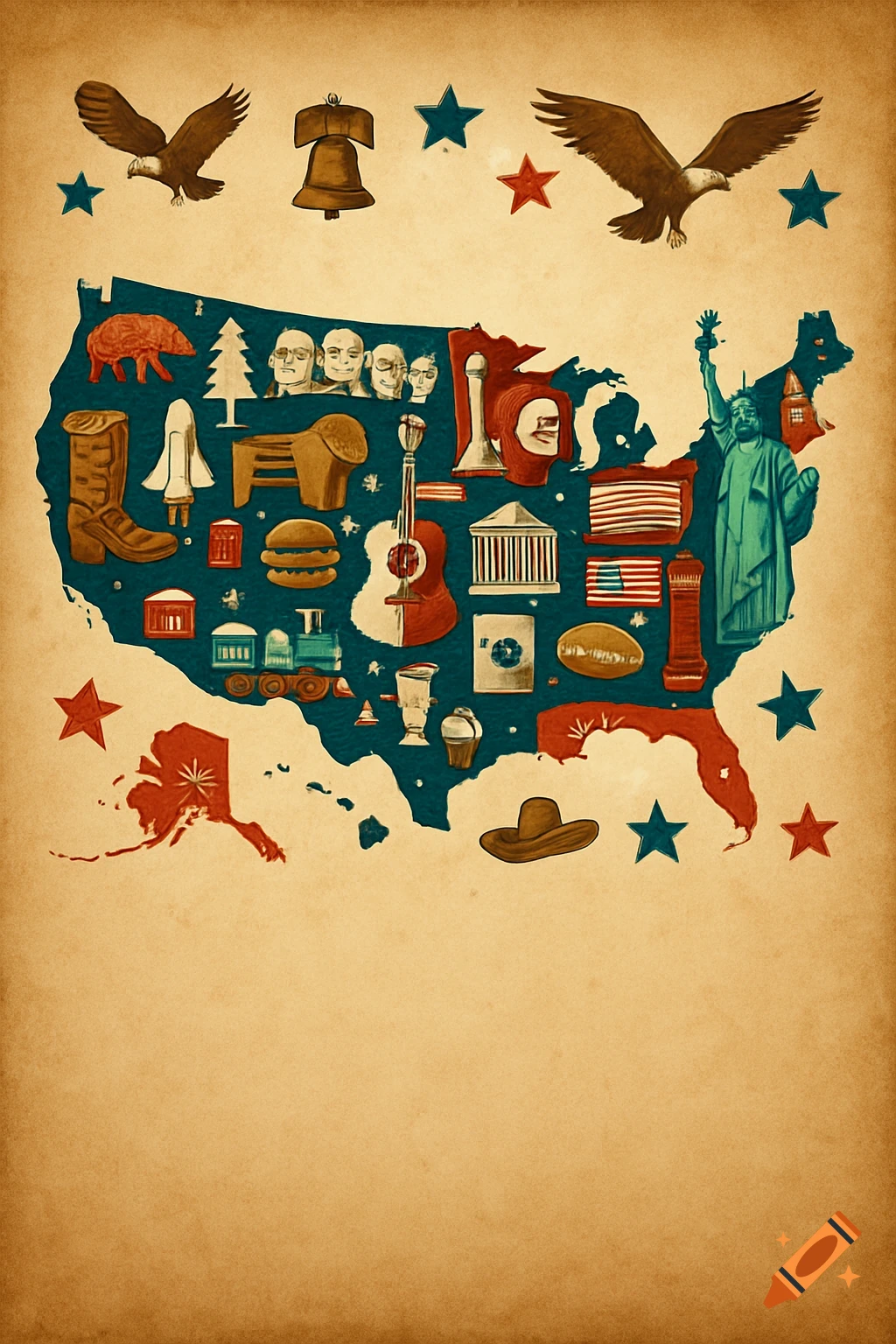 Vintage illustration of USA map filled with cultural icons like Statue of Liberty, Liberty Bell, and eagles, with blank space.