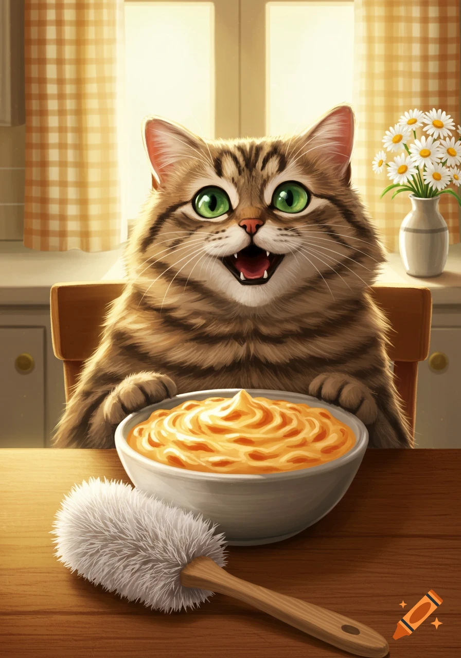 A happy tabby cat with wide green eyes sits at a table with a bowl of orange swirled food and a fluffy white brush in a cartoon illustration.