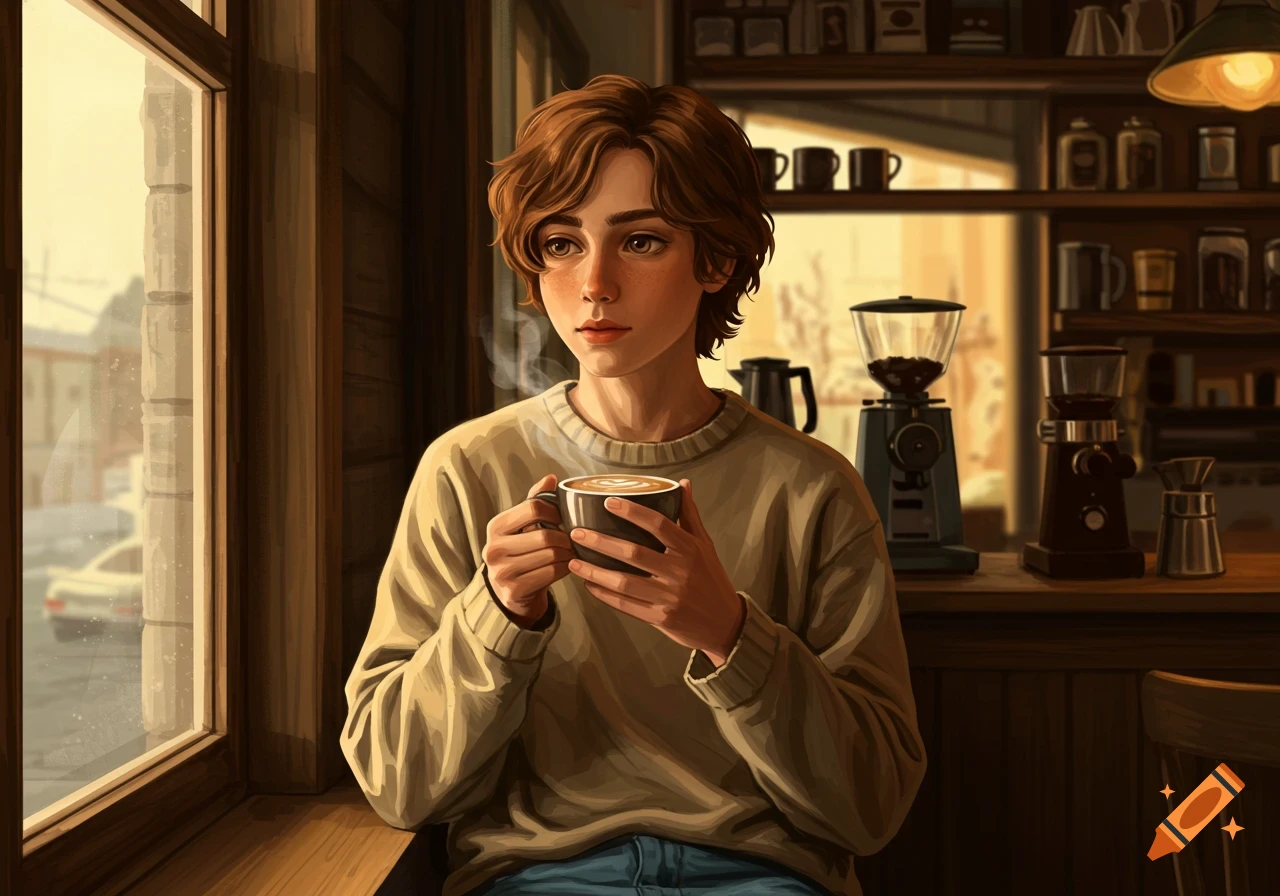 A young person with brown hair sits in a cozy cafe, holding a steaming cup of coffee and looking out a window.